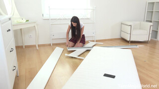 Young Student with Long Hair Has Passionate Sex with Experienced Repairman on Mattress