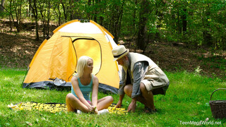 Young Blonde's Wild Encounter with Old Mushroom Hunter in Countryside