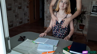Russian Bro Incests Blond Sister at Desk: Forbidden Family Sex Video